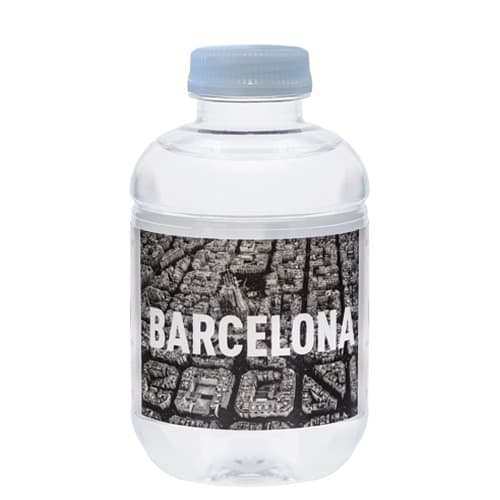 25cl Barcelona rPET Flasche. Papieretikett Mehrfarbig. Deckel blau