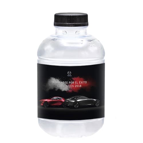 25cl Barcelona rPET Flasche. Papieretikett Mehrfarbig. Deckel schwarz