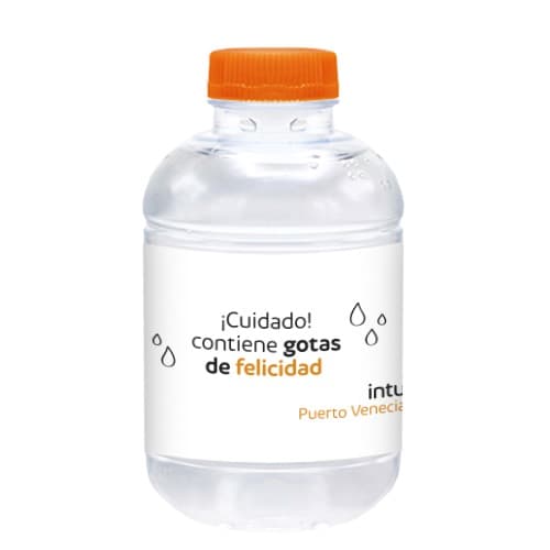 25cl Barcelona rPET Flasche. Plastiketikett Mehrfarbig. Deckel orange