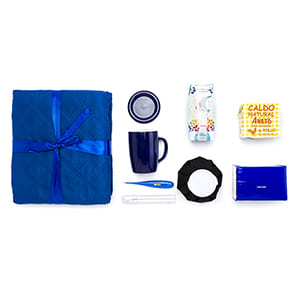 "Gute Besserung" Blaues Geschenkset personalisiert. Einfarbiger Druck