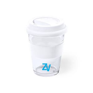 Draco. 350ml transparentes Glas mit weißem Silikonband und Deckel. Einfarbiger Druck