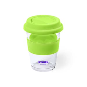 Draco. 350ml transparentes Glas mit grünem Silikonband und Deckel. Einfarbiger Druck