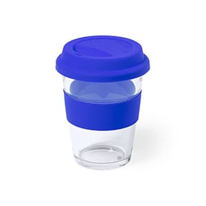 Draco. 350ml transparentes Glas mit blauem Silikonband und Deckel. Ohne Personalisierung