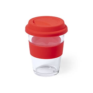 Draco. 350ml transparentes Glas mit rotem Silikonband und Deckel. Ohne Personalisierung