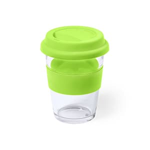 Draco. 350ml transparentes Glas mit grünem Silikonband und Deckel. Ohne Personalisierung