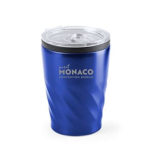 Revati. 350ml blauer Metallbecher mit Deckel. Einfarbiger Druck