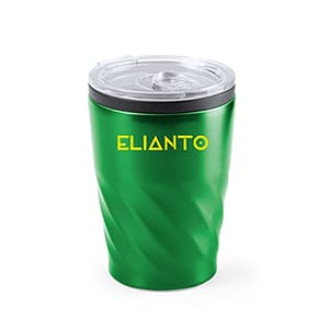 Revati. 350ml grüner Metallbecher mit Deckel. Einfarbiger Druck