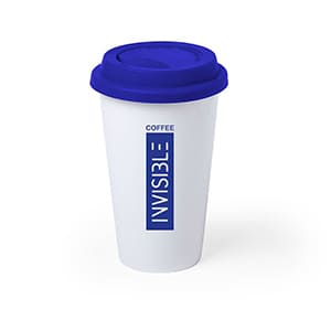 Kolt. 40cl Keramiktasse, weiß mit blauem Deckel. Einfarbiger Druck
