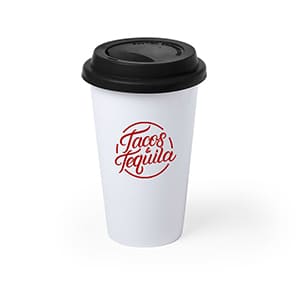 Kolt. 40cl Keramiktasse, weiß mit schwarzem Deckel. Einfarbiger Druck