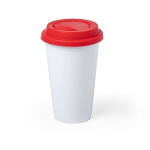 Kolt. 40cl Keramiktasse, weiß mit rotem Deckel. Ohne Personalisierung