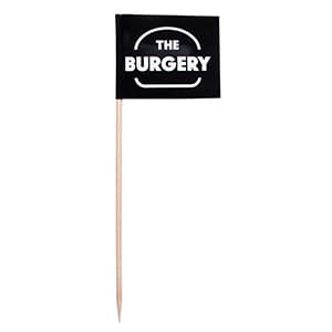 Burger-Stick in einem 15cm Holzstab. Schwarzer Druck