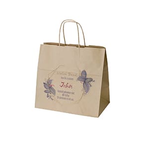 Take-Away Kraftpapierbeutel mit Tragegriff. Mehrfarbdruck auf Seite