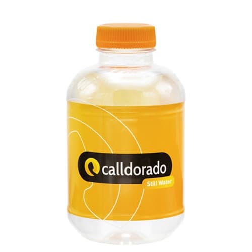 25cl Barcelona PET Flasche. Sleeve- Plastikhülse , Vollfarbig. Deckel orange