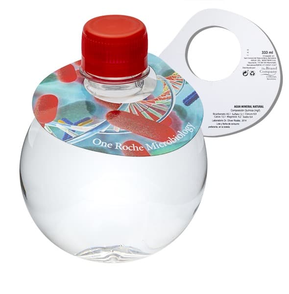 333 Botella redonda. Collarín de papel 4 colores 2 caras. Tapón rojo