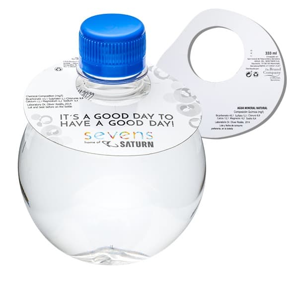 333 Botella redonda. Collarín de papel 4 colores 2 caras. Tapón azul