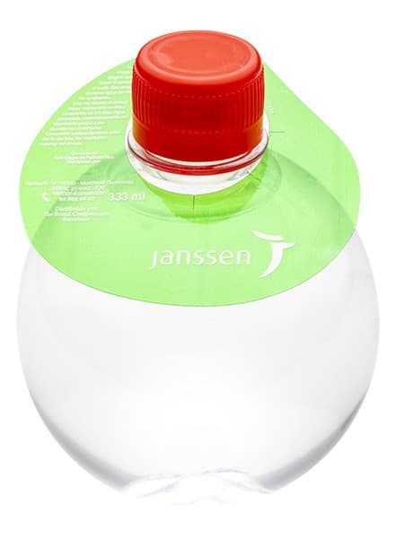 333 Botella redonda. Collarín PVC 2 colores. Tapón rojo