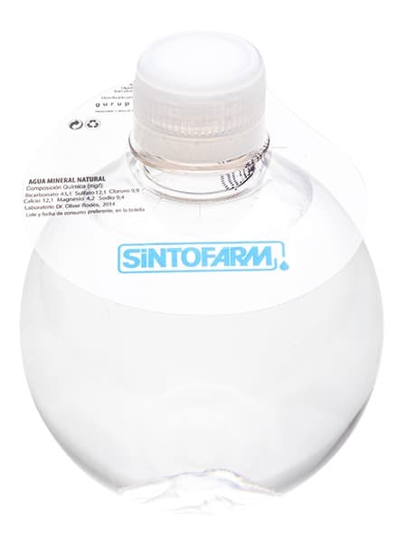 333 Botella redonda. Collarín PVC 1 color. Tapón transparente