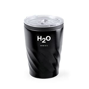 Revati. 350ml Customized black metal cup with lid. 1 color print