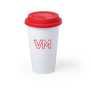 Kolt. Vaso de cerámica blanco personalizado con tapa roja de 40cl. A un color