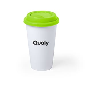 Kolt. Vaso de cerámica blanco personalizado con tapa verde de 40cl. A un color