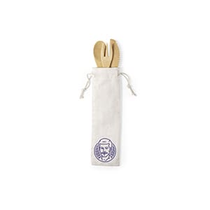 Set de couverts en bambou avec pochette en coton. Impression une couleur sur la pochette