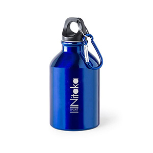 Henzo. Bidón personalizado de metal pequeño azul con mosquetón, 330ml. Marcado a 1 color