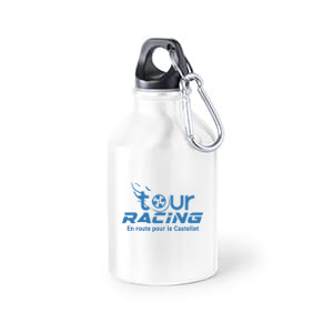 Henzo. Bidón personalizado de metal pequeño blanco con mosquetón, 330ml. Marcado a 1 color