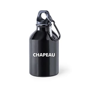 Henzo. Bidón personalizado de metal pequeño negro con mosquetón, 330ml. Marcado a 1 color