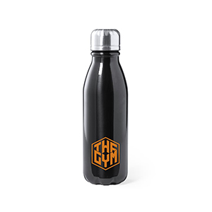 Ran. Bidón personalizado de metal de 550ml negro con acabado brillante. Marcado a 1 color