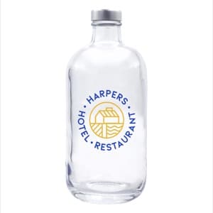 ERA 500. Botella de agua de cristal personalizada 50cl con tapón plateado. Marcaje 2 colores