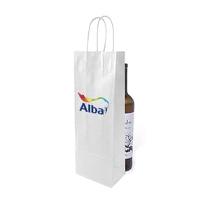 Weiße Papiertüte mit Griff für Flasche. Mehrfarbdruck auf 1 Seite