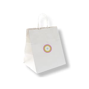 Take-away. Bolsa personalizada de papel blanco con asa. Cuatricomía 1 cara