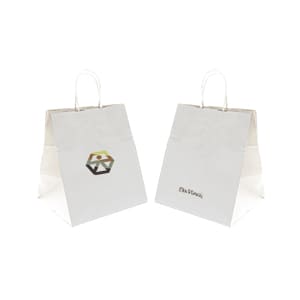 Take-away. Bolsa personalizada de papel blanco con asa. Cuatricomía 2 caras