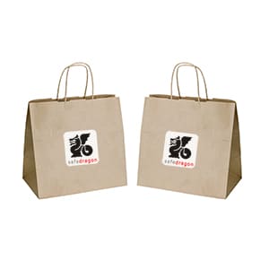 Take-away. Bolsa personalizada de papel marrón con asa. Cuatricomía 2 caras