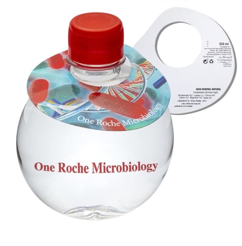 333 Round Bottle. Direct print + Paper neck 4 colors two sides. Red cap