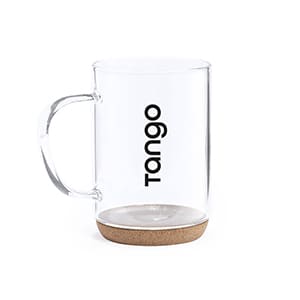 Heze. Customized 450ml Glass mug with cork base. 1 color print