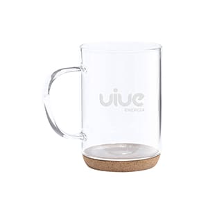 Heze. Customized 450ml Glass mug with cork base. Laser
