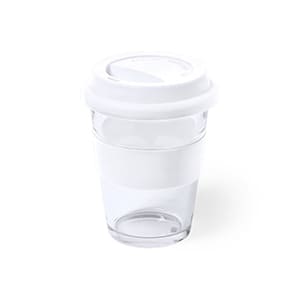 Draco. 350ml clear glass with white silicone band and lid. Unmarked