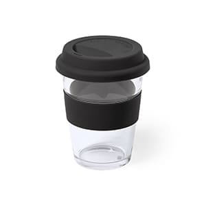 Draco. 350ml clear glass with black silicone band and lid. Unmarked