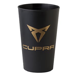 Ecco 30. Customised black rigid plastic cup. 1 color print