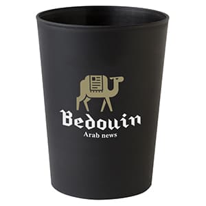 Ecco 50. Customised black rigid plastic cup. 2-color print