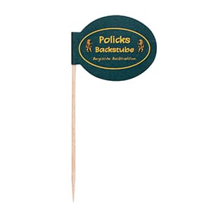 Customized pick with shape in a 15cm stick. Black print