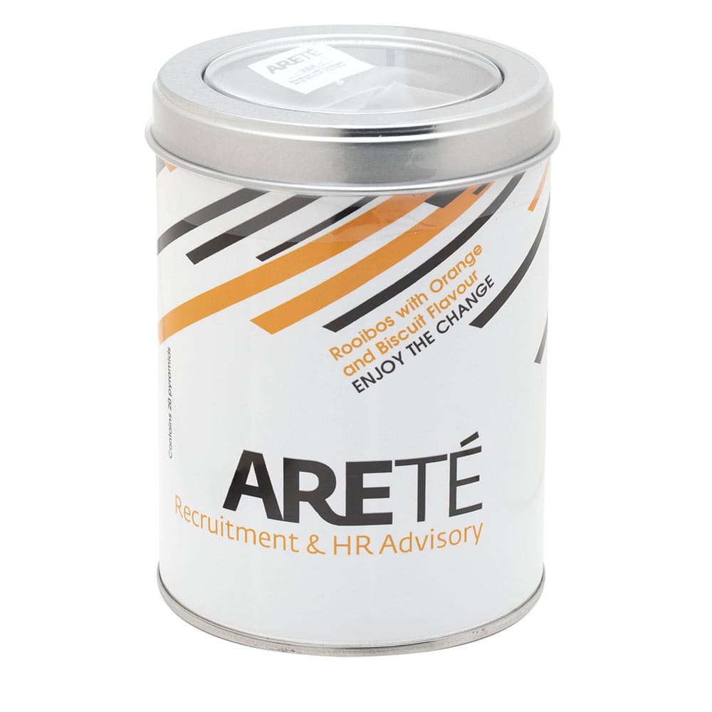 Customized round tin with 20 pyramids of Rooibos Redbus. Full color label