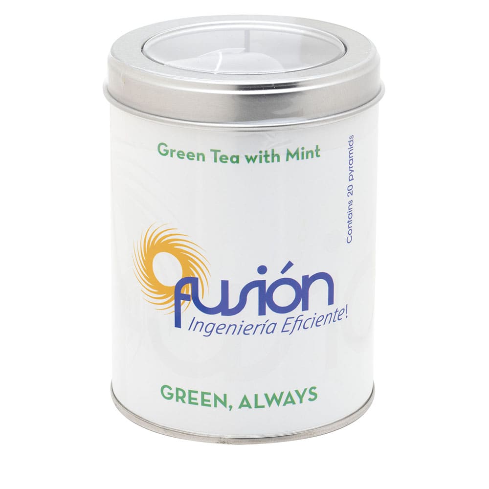 Customized round tin with 20 pyramids of Green tea Redbus. Full color label