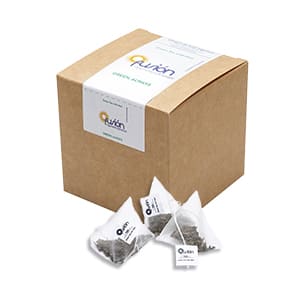 Customized box with 15 Redbus pyramids of Green tea. Full color label +1 color on envelope and tag
