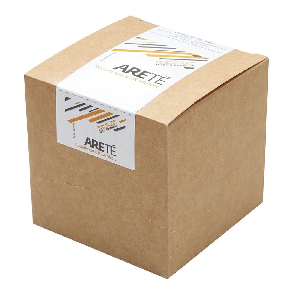 Customized box with 15 Redbus pyramids of Rooibos. Full color label