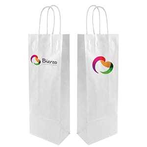 Bottle Bag. Customized white paper bag with handle for bottle. Full color print 2 sides