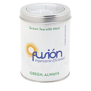 Personalized round tin with 20 pyramids of Green tea Redbus. Full color label