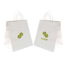 Take-away. Customized white paper bag with handle. 1 color print 2 sides